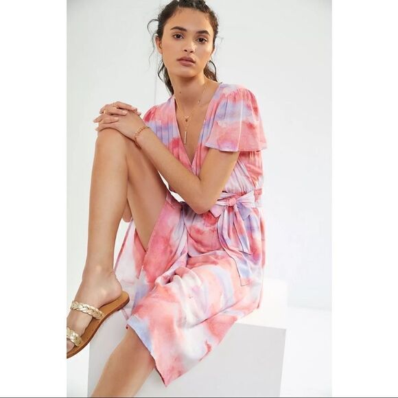 NEW Anthropologie Cloth & Stone Watercolor Tie-Dye V-Neck Wrap Midi Dress Medium - Picture 2 of 3